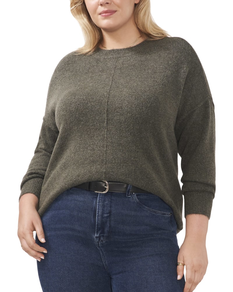 Front of a model wearing a size 1X Carrie Cozy Sweater in ENIGMA by Vince Camuto. | dia_product_style_image_id:261049
